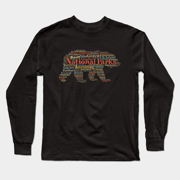 All Canadian National Parks List Word Cloud Grizzly Bear Souvenir Long Sleeve T-Shirt by Pine Hill Goods
